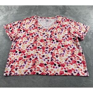 Westbound Woman 2X Floral V-Neck Short Sleeve Top Red Purple Orange Cotton Modal